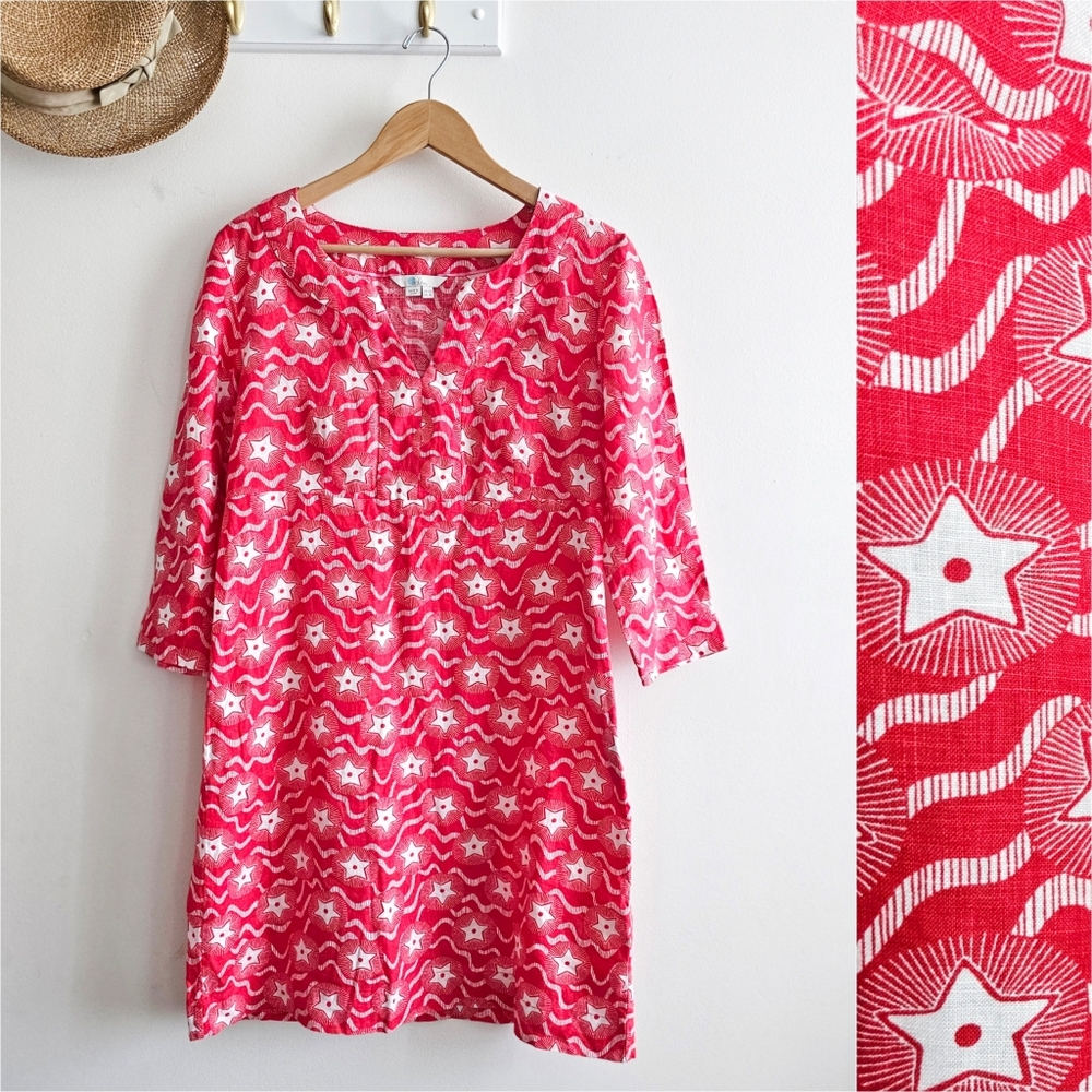 Boden Dress 100% Linen Star Print Patriotic 3/4 Sleeve Shift Sundress Red Sz 8L